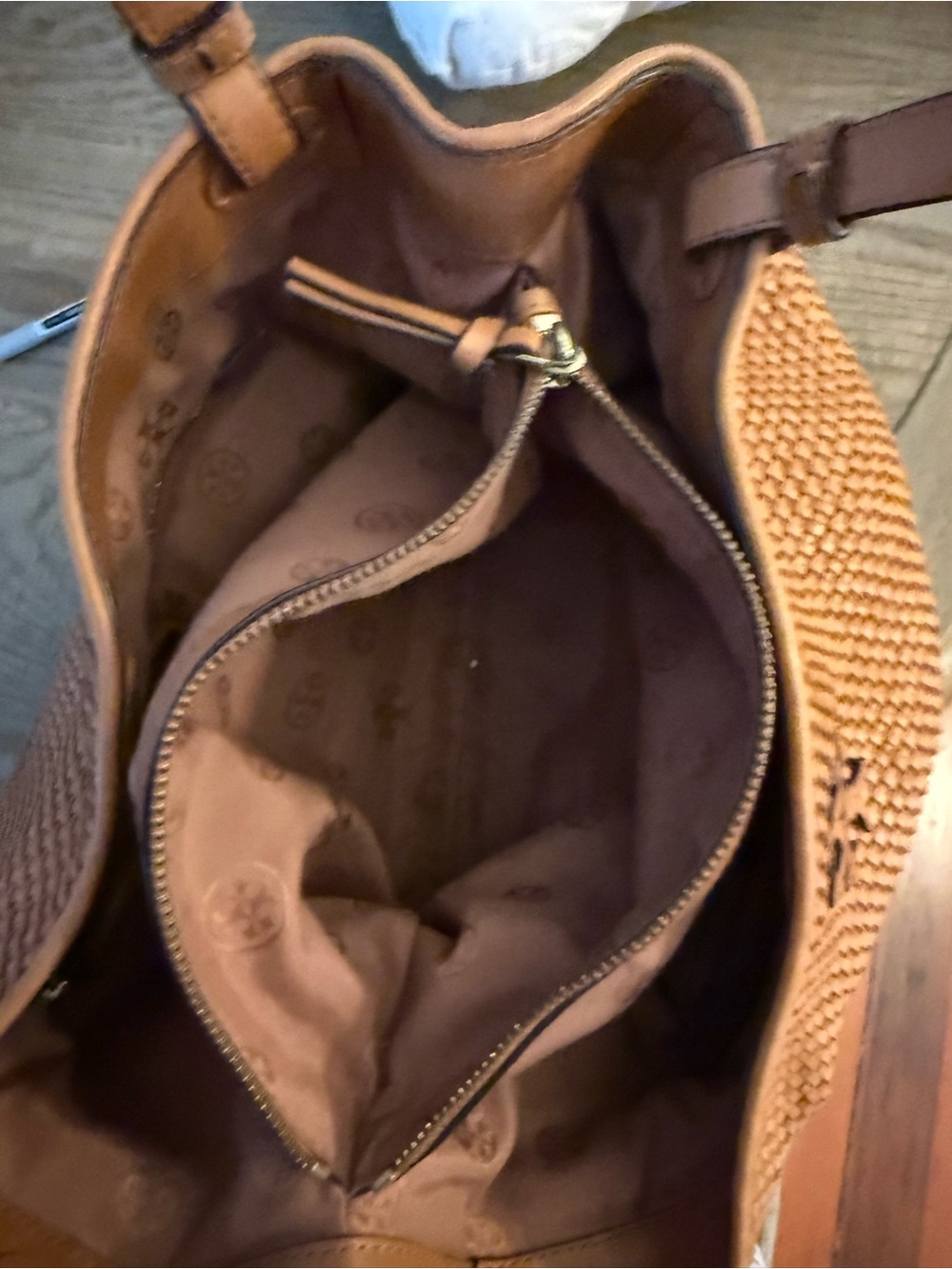 Tory Burch Tan Woven Leather Satchel with Pink & Cream Tassels - Picture 9 of 14